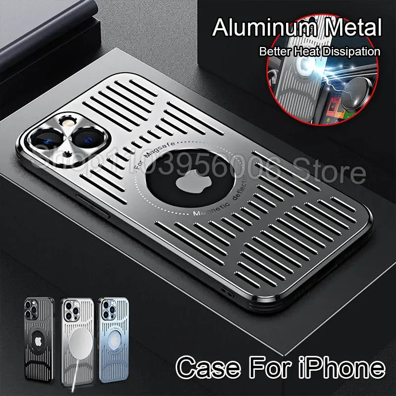 Metallic phone case with cooling vent design for iPhone, featuring Apple logo.