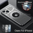 Metallic phone case with cooling vent design for iPhone, featuring Apple logo.