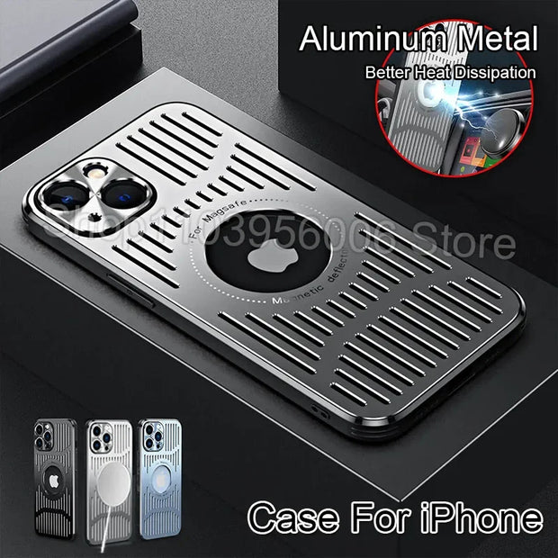 Metallic phone case with cooling vent design for iPhone, featuring Apple logo.