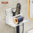 White wall-mounted organizer with hair products on a beige wall.