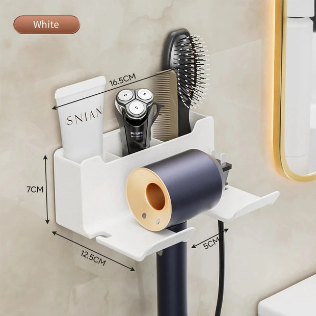 White wall-mounted organizer with hair products on a beige wall.