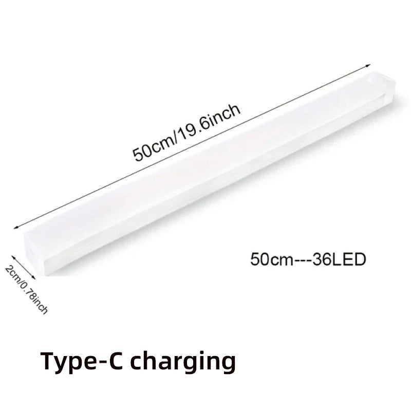 White LED strip with dimensions and charging information on a white background