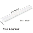 White LED strip with dimensions and charging information on a white background