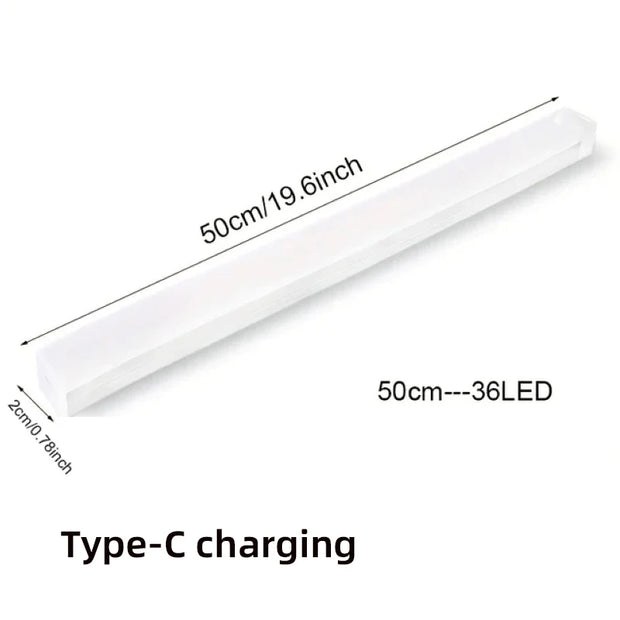 White LED strip with dimensions and charging information on a white background