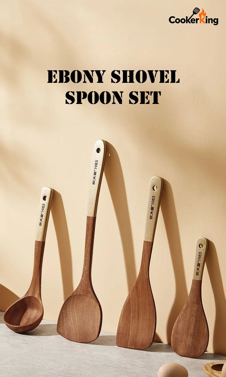 Set of wooden shovels and spoons with 'CookerKing' branding on a beige background