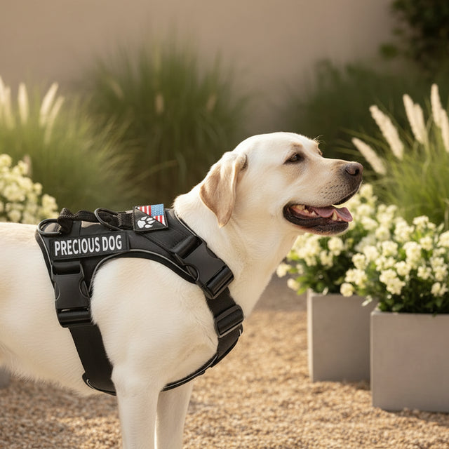 Dog wearing a black harness with 'Precious Dog' branding, on a white background.
