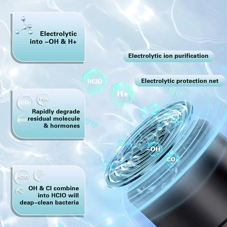 Technical diagram of electrolytic ion purification process with a close-up of a device.