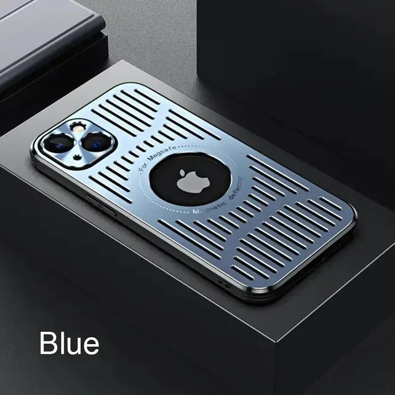 Blue phone case with grid design on a dark surface
