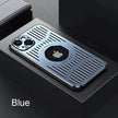 Blue phone case with grid design on a dark surface