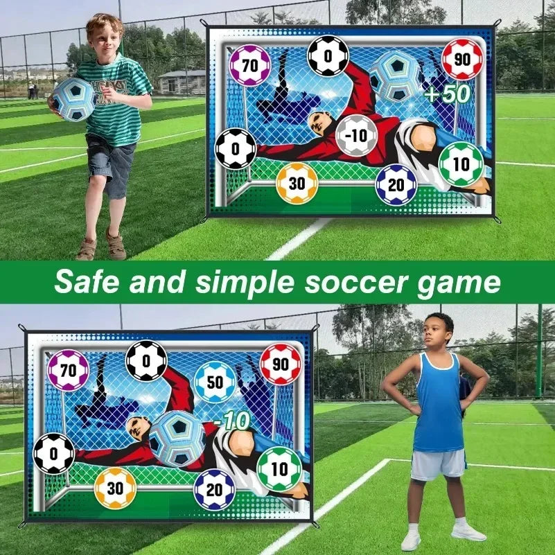 Children playing with a soccer-themed board game on a sports field.