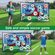 Children playing with a soccer-themed board game on a sports field.