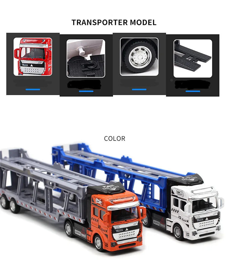 Toy transporter model with two cars on a white background, featuring text about features and color options.