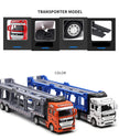 Toy transporter model with two cars on a white background, featuring text about features and color options.