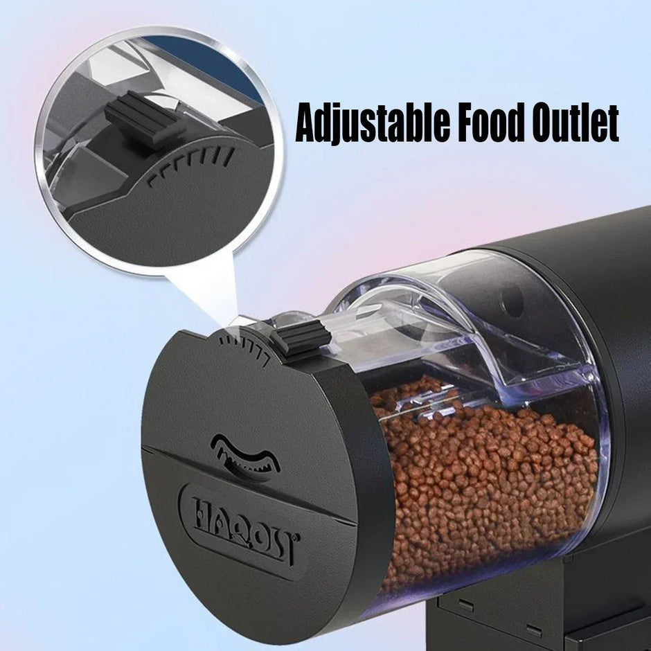 Dog food dispenser with adjustable food outlet and HAQOOS branding on a light blue background.
