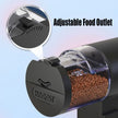 Dog food dispenser with adjustable food outlet and HAQOOS branding on a light blue background.