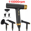 Black and gold hair dryer with multiple nozzles on a white background