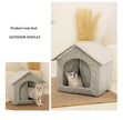 Cat house with a cat inside on a beige surface, labeled 'Product real shot' and 'Outdoor display'.