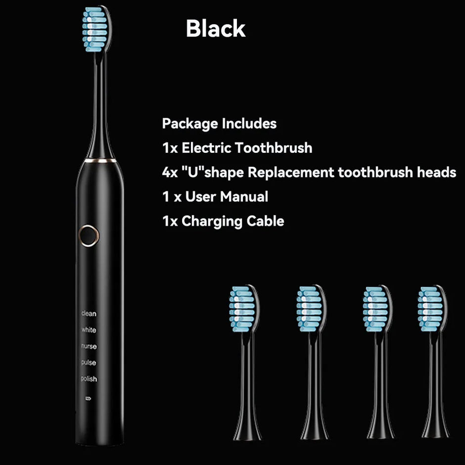 Black electric toothbrush with replacement heads and packaging details on a black background