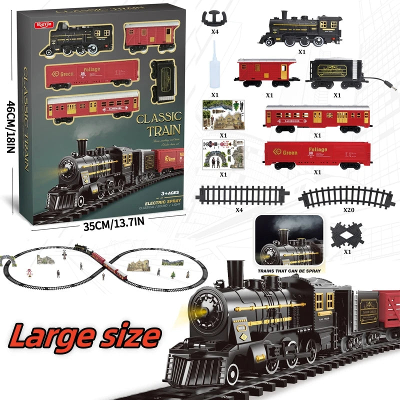 Toy train set with packaging, tracks, and accessories on a white background