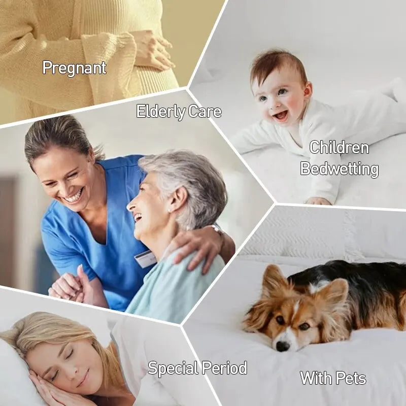 Collage of images related to pregnancy, elderly care, children bedwetting, special periods, and pets.