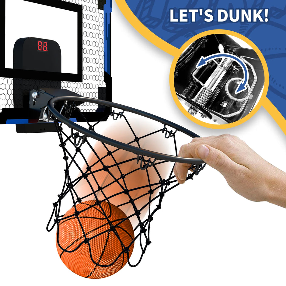 Basketball dunking into a hoop with 'Let's Dunk!' text and close-up of basketball rim.