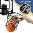 Basketball dunking into a hoop with 'Let's Dunk!' text and close-up of basketball rim.