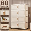 White storage cabinet with gold handles on a wooden floor, featuring dimensions and product features.