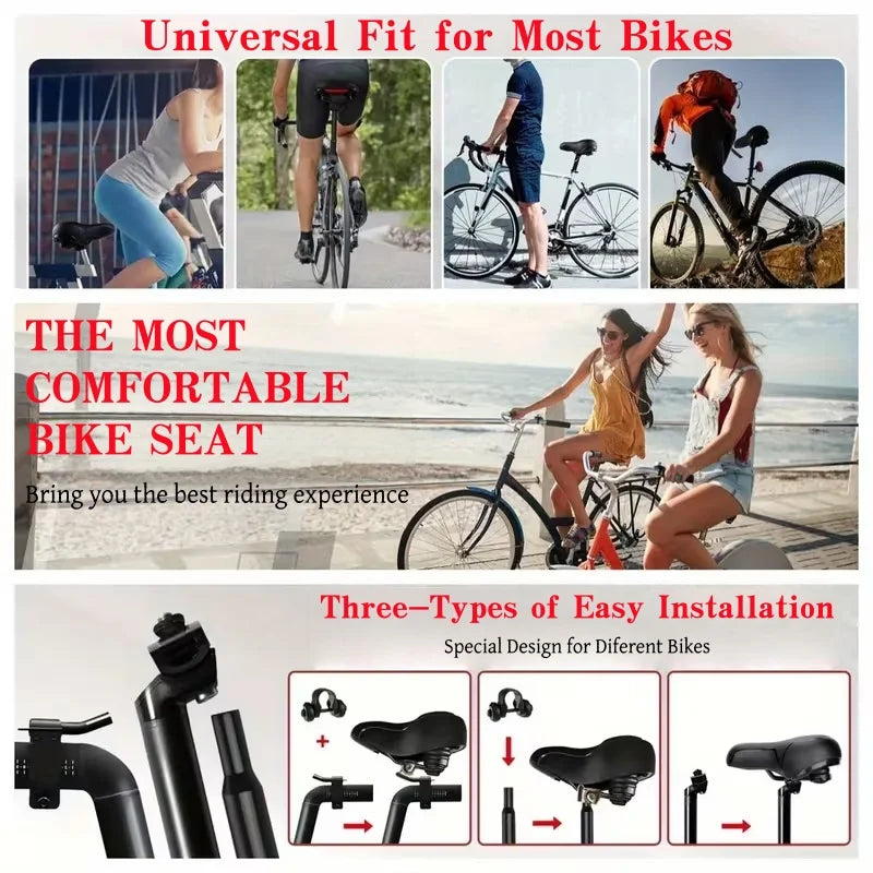 Advertisement for a bike seat with images of people riding bikes and text highlighting features.