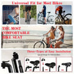 Advertisement for a bike seat with images of people riding bikes and text highlighting features.