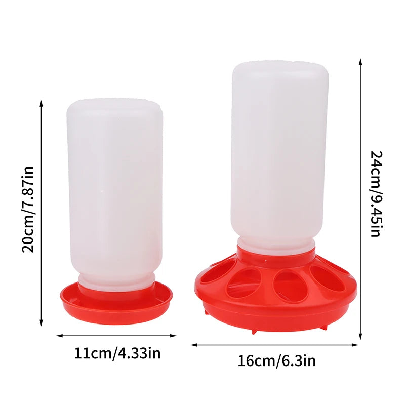 Two poultry feeders with red bases and white containers, showing measurements on a white background.