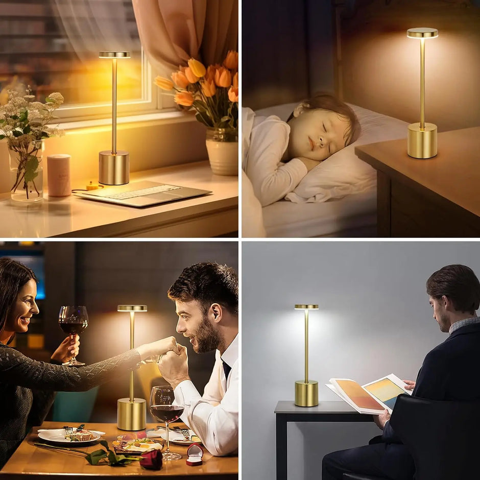 Collage of a gold table lamp in various settings including a desk, bedroom, dining table, and office.