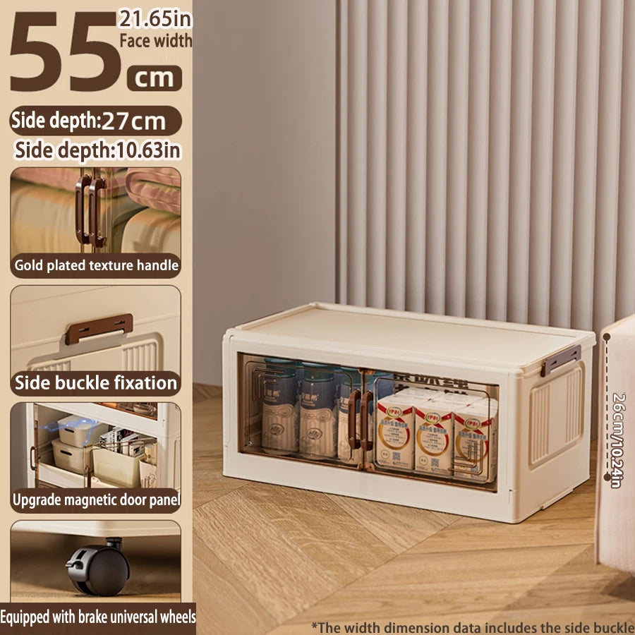 Storage bench with transparent door showing interior, placed on a wooden floor with a neutral background.