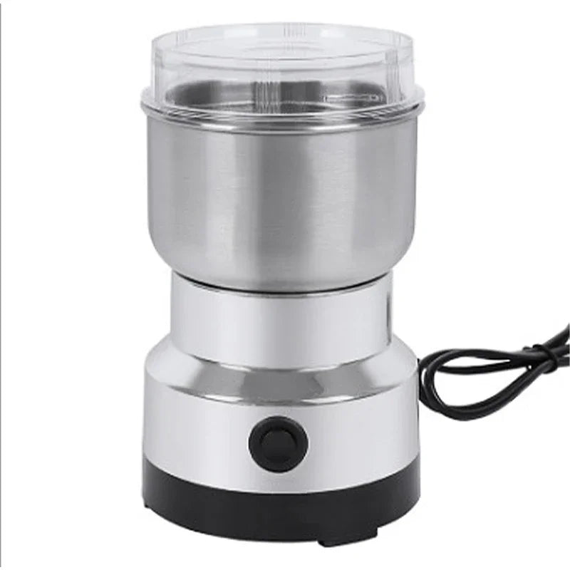Stainless steel electric coffee grinder on a white background