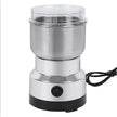 Stainless steel electric coffee grinder on a white background
