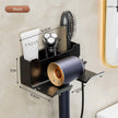 Wall-mounted hair care organizer with dimensions labeled, featuring a brush, shaver, and other items.