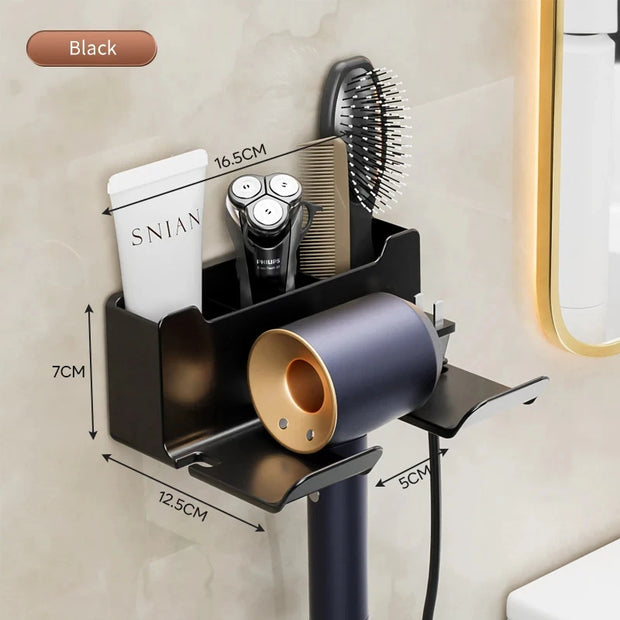 Wall-mounted hair care organizer with dimensions labeled, featuring a brush, shaver, and other items.