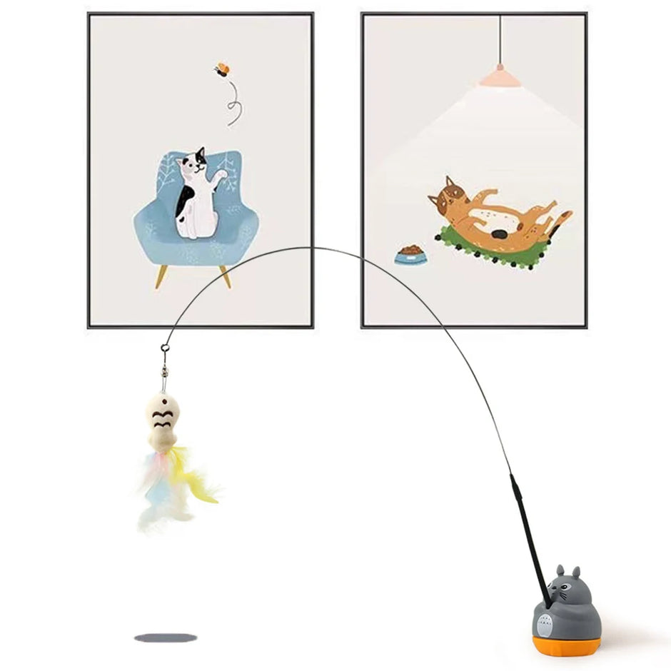 Cat toy with hanging figure on a white background