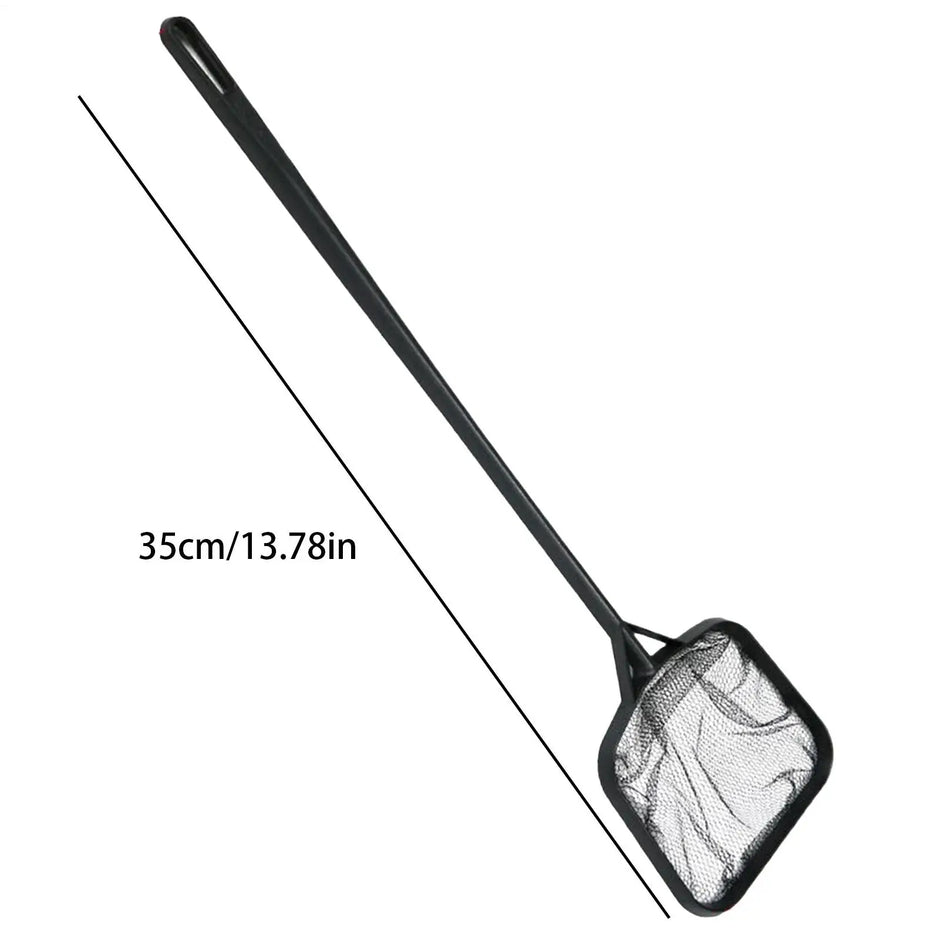 Fishing net with a black handle and measuring dimensions on a white background