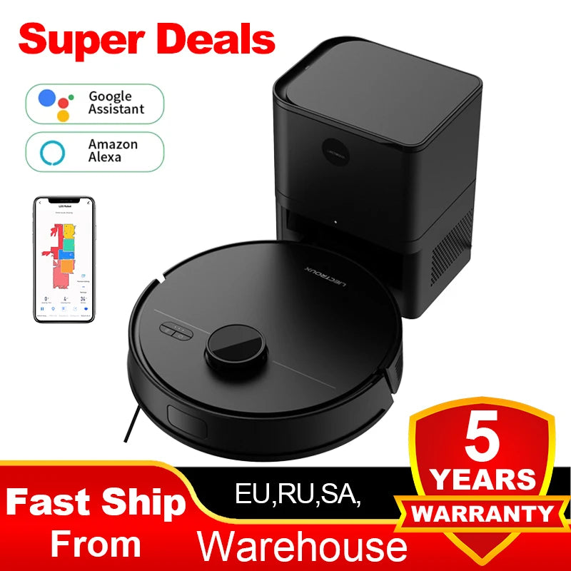 Black robot vacuum cleaner with app interface and text about super deals, compatibility with Google Assistant and Amazon Alexa, fast ship from warehouse, and 5-year warranty.