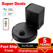 Black robot vacuum cleaner with app interface and text about super deals, compatibility with Google Assistant and Amazon Alexa, fast ship from warehouse, and 5-year warranty.