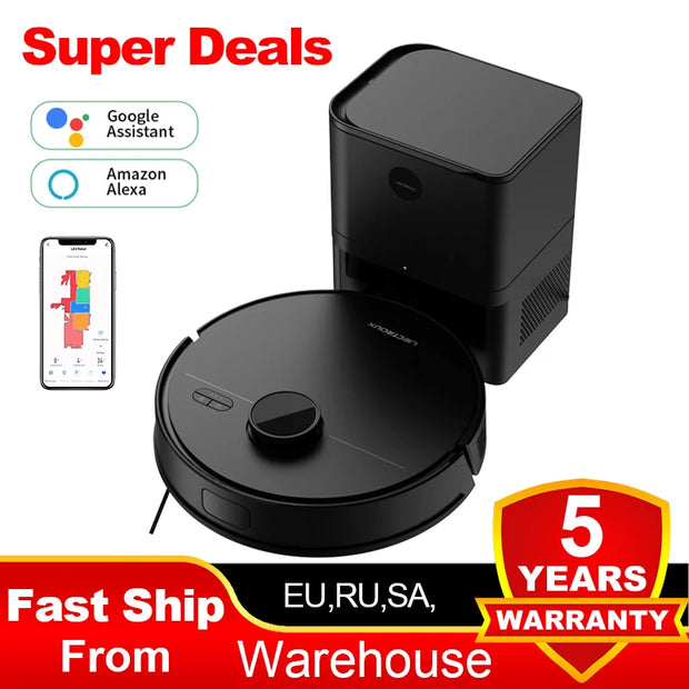 Black robot vacuum cleaner with app interface and text about super deals, compatibility with Google Assistant and Amazon Alexa, fast ship from warehouse, and 5-year warranty.