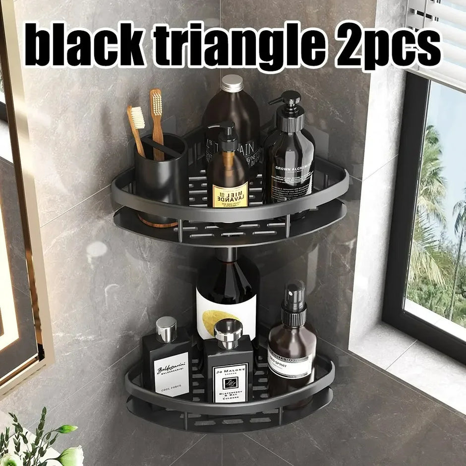 Bathroom corner shelf with toiletries against a tiled wall