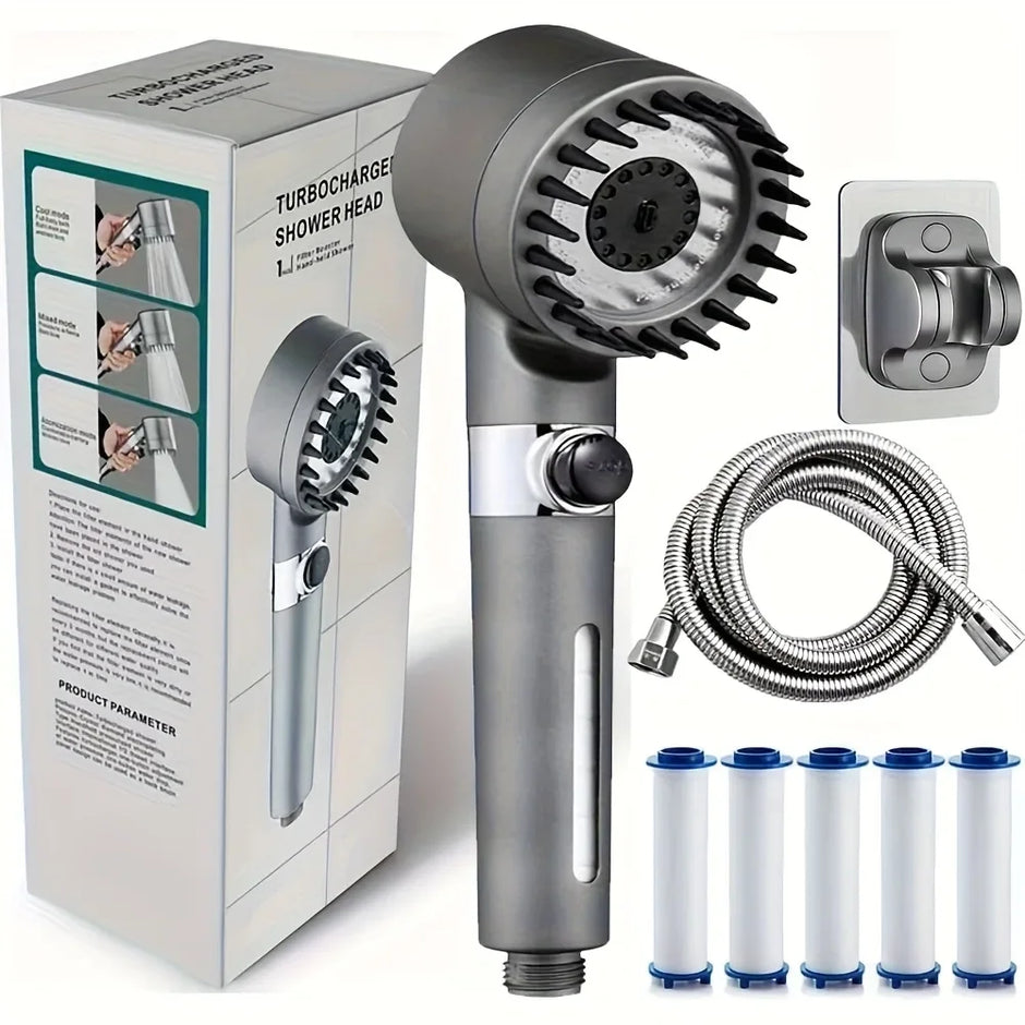Turbocharger shower head with hose and filters in front of its packaging