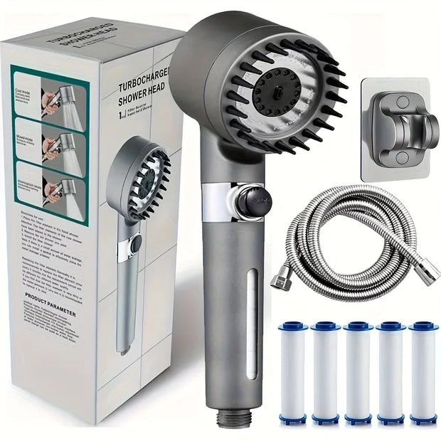 Turbocharger shower head with hose and filters in front of its packaging