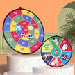 Two colorful dartboards with cartoon characters on a decorative stand against an orange wall.