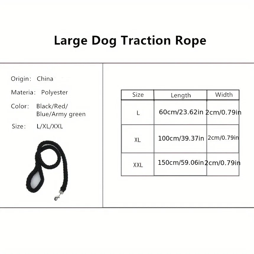 Large dog traction rope with size chart and product details on a white background