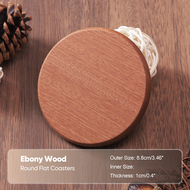 Round wooden coaster on a wooden surface with text overlay.
