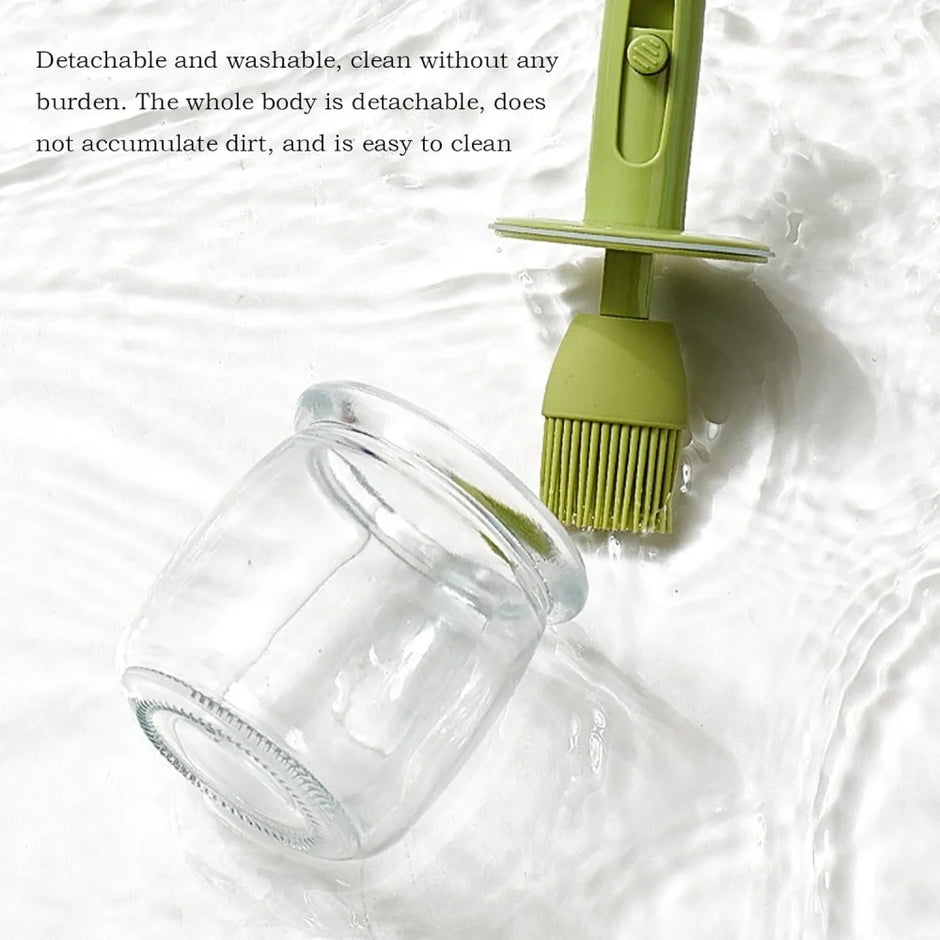 Green brush next to a clear glass jar on a white background with text about the brush's features.