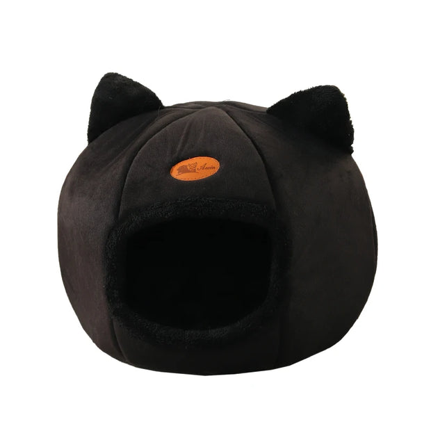 Black pet bed with cat ears and a visible brand logo on a white background
