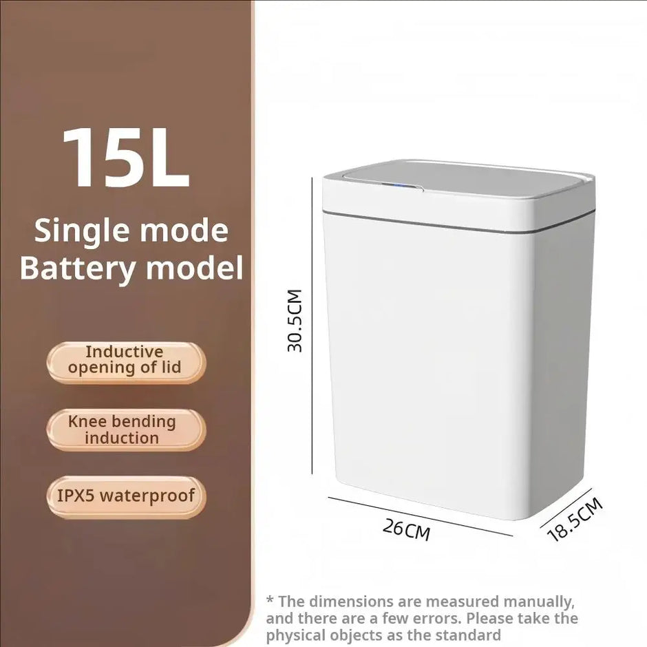 White trash bin with dimensions and features on a brown and white background